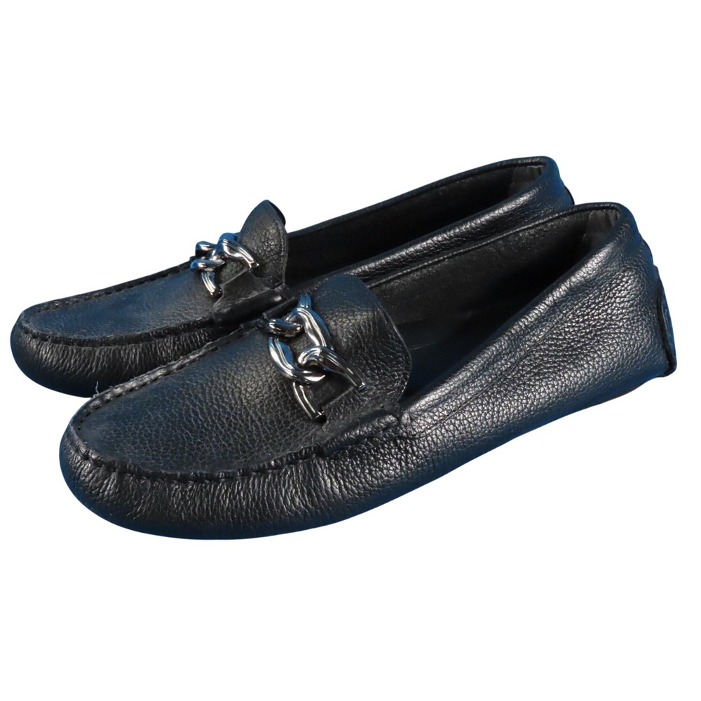 ALEX MARIE Black Pebble Leather FLATS LOAFERS Darla Moccasins SILVER CHAIN 7.5 M